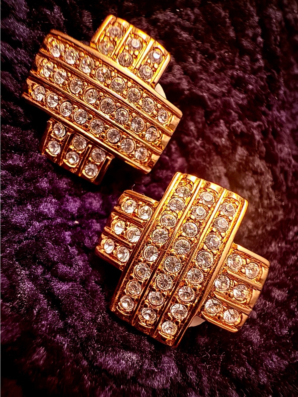Vintage 1980s Swarovski Signed Criss-Cross Clip-On Earrings Gold & Rhinestone